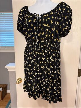 Black Floral Puff Sleeve Smocked Waist Dress - Yellow White Blossoms